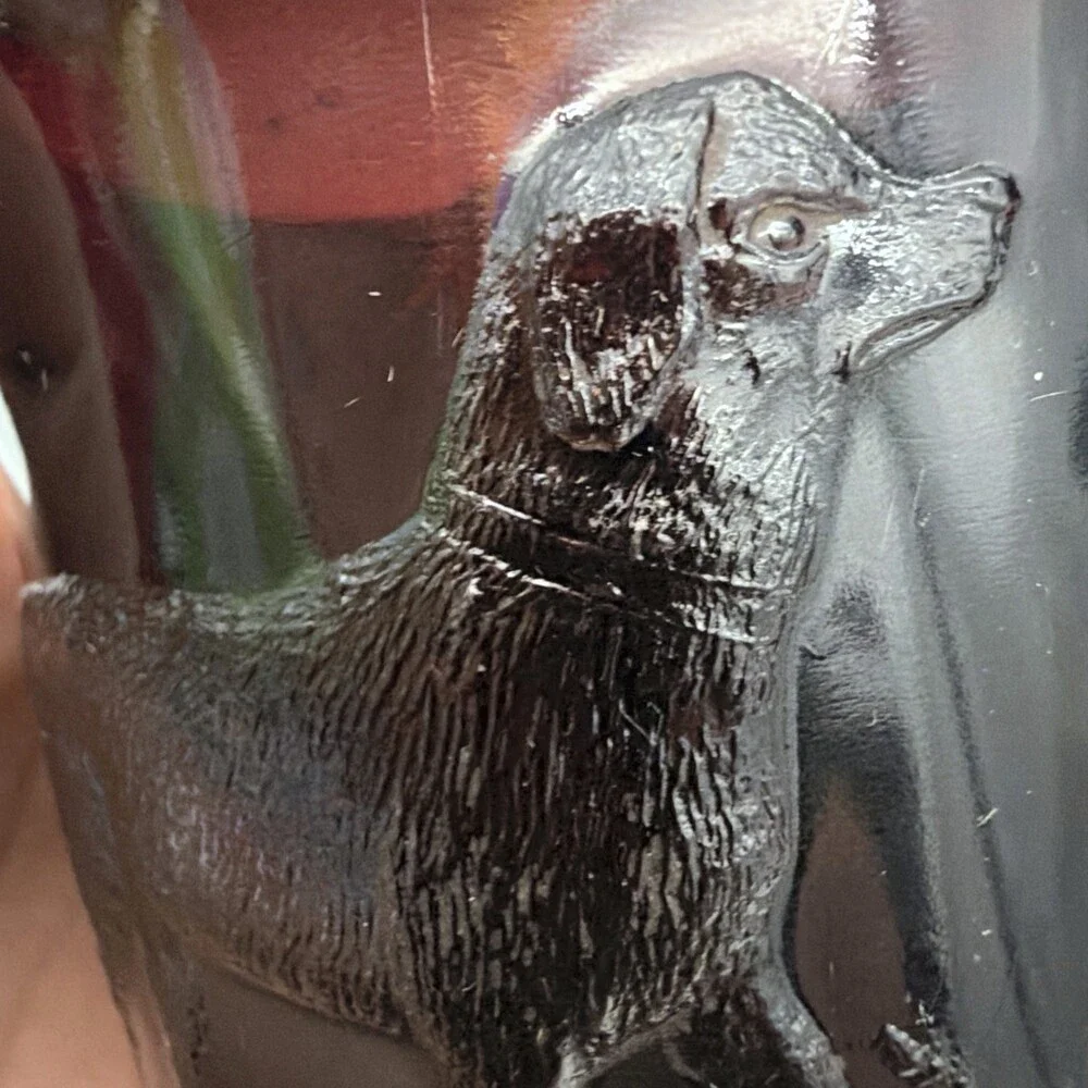 Antique EAPG Black Amethyst Glass Child's Mug Stein Embossed Dog Retriever